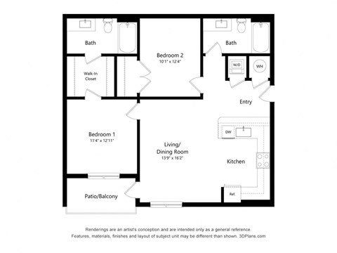 2 bedroom 2 bathroom 2IC Floor Plan at Exchange at Rock Hill, South Carolina, 29730